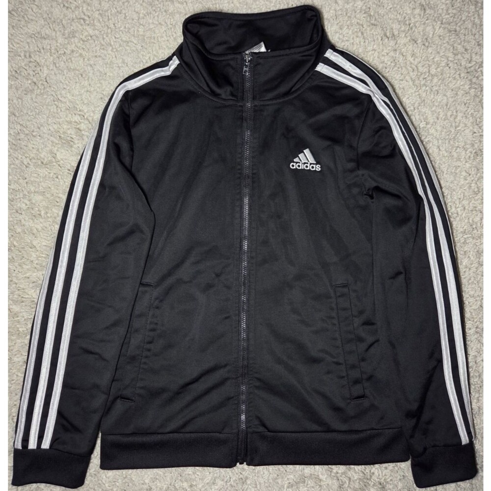 Adidas Track Jacket Youth Medium 10/12 Black 3 Stripe Full Zip